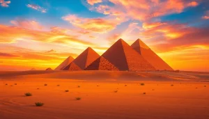Discover stunning piraminds against a vibrant sunset, highlighting their majestic structures and desert setting.