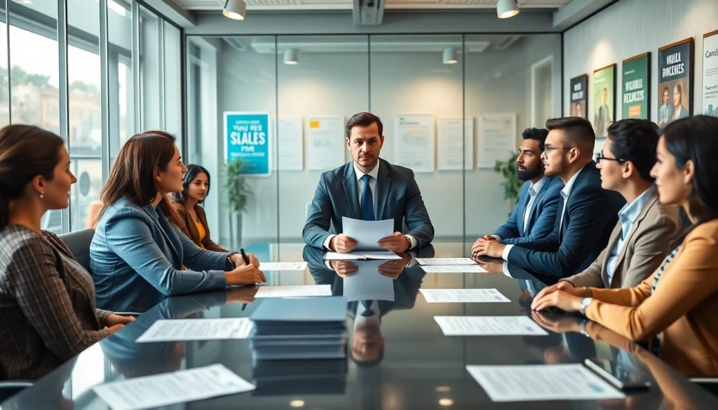 Engaged team interviewing to hire salespeople in a modern office.