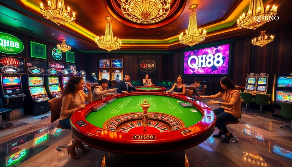 Players enjoying the excitement of QH88 casino games at a vibrant gambling table with chips and cards.