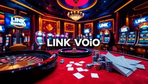 Engage in thrilling gaming experiences with LINK VÀO Bomwin, showcasing vibrant casino visuals and excitement.