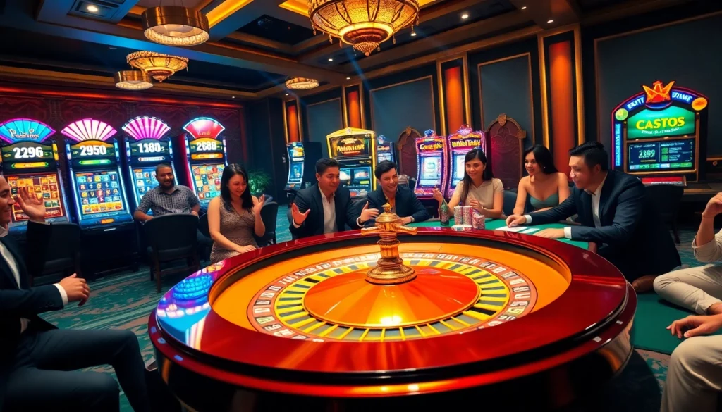 Players engaging at a vibrant casino with gg88bz-themed roulette and poker tables.