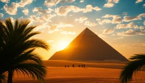 View of the iconic pyramids against a sunset, highlighting the piraminds' historic grandeur.
