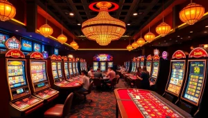 Experience the thrill of slot pulsa as players engage with vibrant machines in a luxurious casino setting.