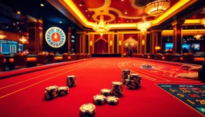 Engaging players enjoying their time แทงบอล at a luxurious casino with vibrant tables and neon lights.