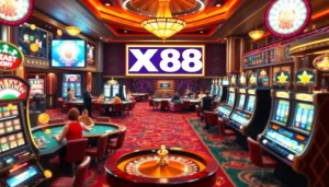 Exciting gaming action at Nhà Cái X88 casino, showcasing poker tables, roulette, and slot machines.