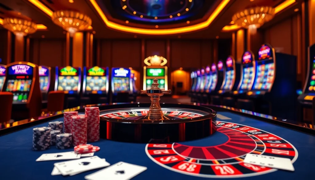 A vibrant online casino scene showcasing luxury gaming elements at nhà cái 888NEW, including poker chips and roulette table.