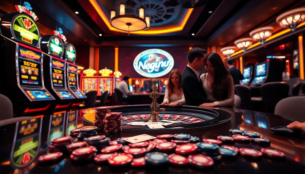 Situs naga169 features an engaging casino scene with exciting slot machines and poker players.