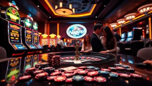 Situs naga169 features an engaging casino scene with exciting slot machines and poker players.
