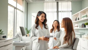 現代的で居心地の良いクリニックでの女性の薄毛治療相談、専門的な雰囲気。