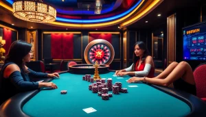 98WIN players strategizing at a luxurious poker table in a vibrant casino.