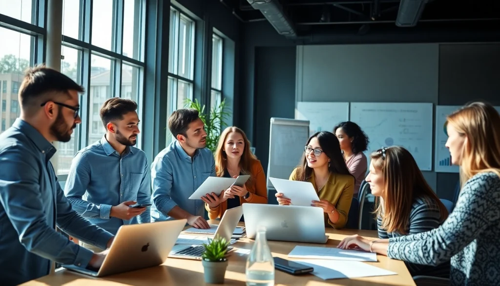 Engaging team strategizing on gambit marketing strategies with digital tools in a modern office.
