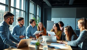 Engaging team strategizing on gambit marketing strategies with digital tools in a modern office.