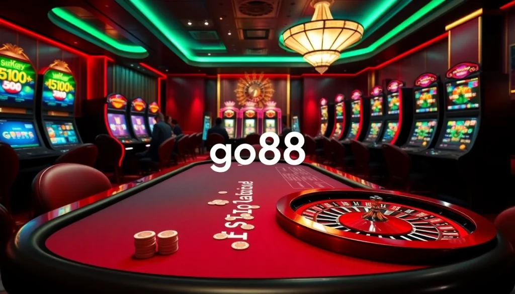 Players enjoying a thrilling game at go88 with vibrant poker chips and digital slot machines.