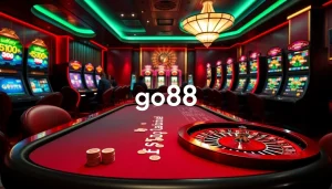 Players enjoying a thrilling game at go88 with vibrant poker chips and digital slot machines.
