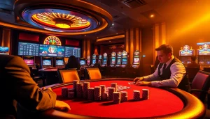 Players enjoying poker at a luxurious casino table with a display of 7upbet betting options.