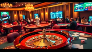 Engaging sbobet players celebrating wins around a vibrant casino table with betting slips.