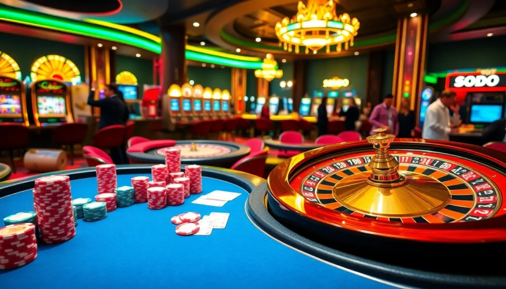 SODO Casino glamour: Spinning roulette wheel and vibrant betting chips in a luxury gambling scene.