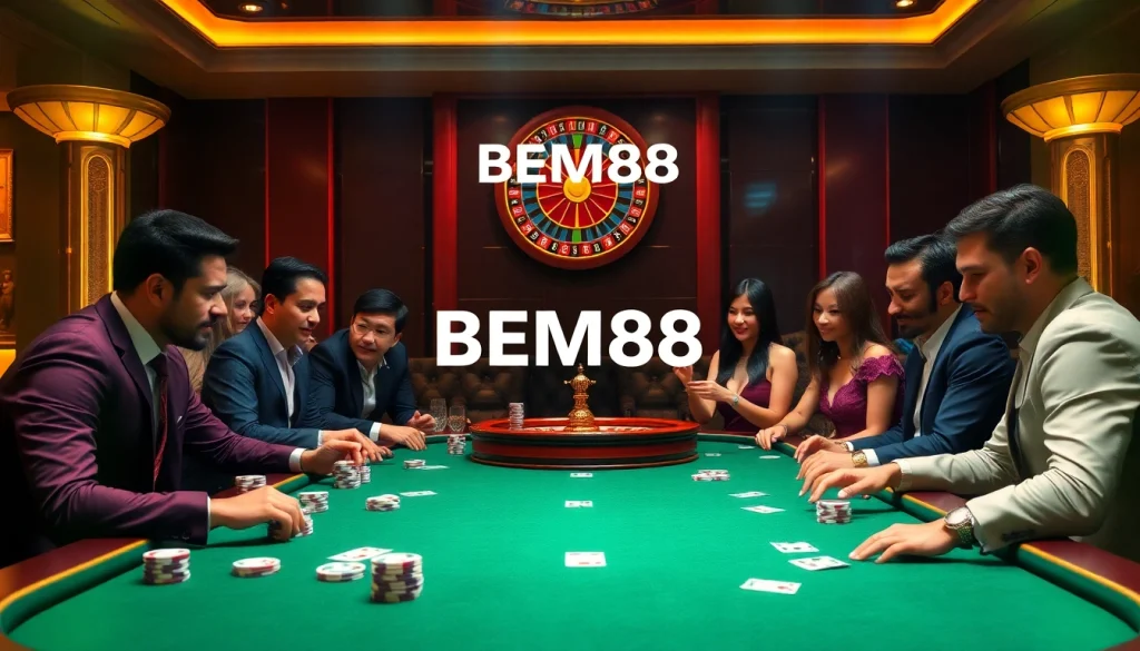 Engaging poker scene at a casino with BEM88 branding, showcasing players and chips.