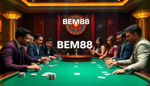 Engaging poker scene at a casino with BEM88 branding, showcasing players and chips.