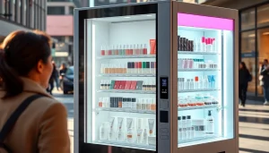 Beauty vending machines for sale showcasing diverse cosmetic products in an urban setting with modern design.