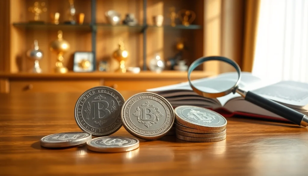 Silberankauf mit glänzenden Silbersammelstücken auf einem eleganten Tisch.