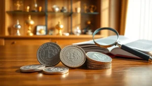 Silberankauf mit glänzenden Silbersammelstücken auf einem eleganten Tisch.