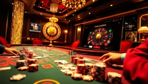 Experience khuyến mãi okfun through thrilling casino gameplay with vibrant poker tables and roulette wheels.
