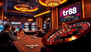 Experience the thrill of tr88 online betting with an elegant casino setting featuring poker and roulette.