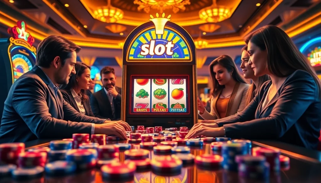Para pemain yang bersemangat berinteraksi dengan mesin 'slot pulsa' di kasino mewah.