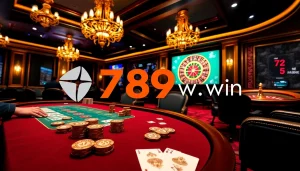 Betting excitement at 789win com with high-stakes poker, chips, and cards in a luxury casino setting.