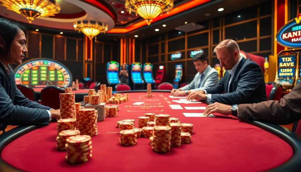 Experience intense poker action at HM88 with vibrant casino visuals showcasing chips and roulette.