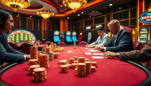 Experience intense poker action at HM88 with vibrant casino visuals showcasing chips and roulette.