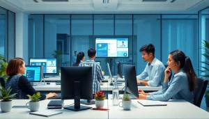 展示美洽 AI 客服平台的智能办公场景，客服代表高效协助客户。