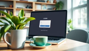 Login mpo2121 interface displayed on a laptop in a cozy home office setting.