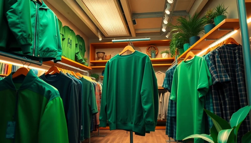 BOTOL169 clothing in a trendy retail display showcasing rich bottle green garments with exquisite textures.