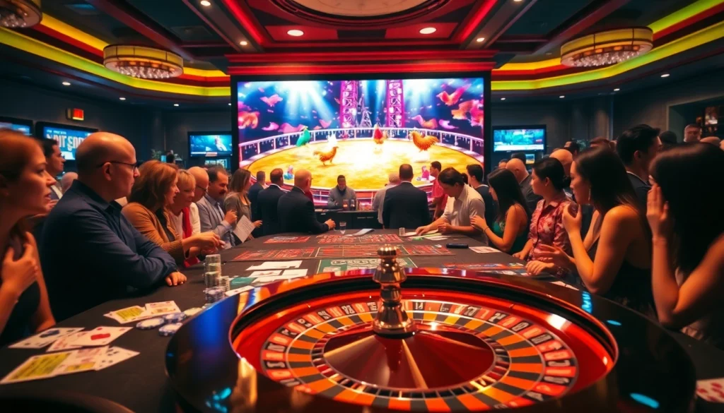 Experience sv388 trực tiếp with thrilling cockfighting action and vibrant casino elements.