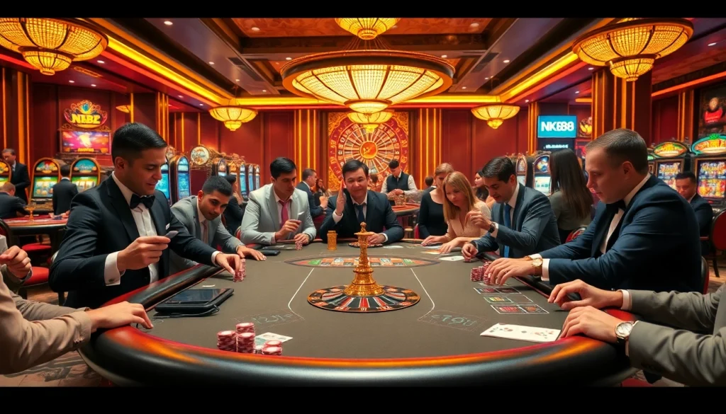 Players enjoying a glamorous casino experience while betting on NK88 with vibrant poker chips and cards.