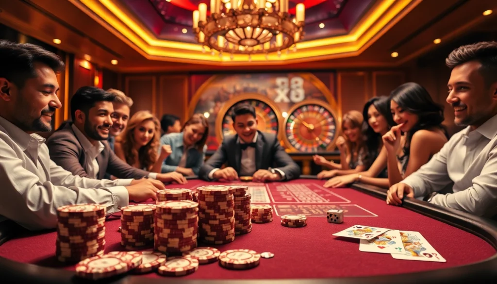 X88 poker players engage in a thrilling high-stakes game at a vibrant casino table.