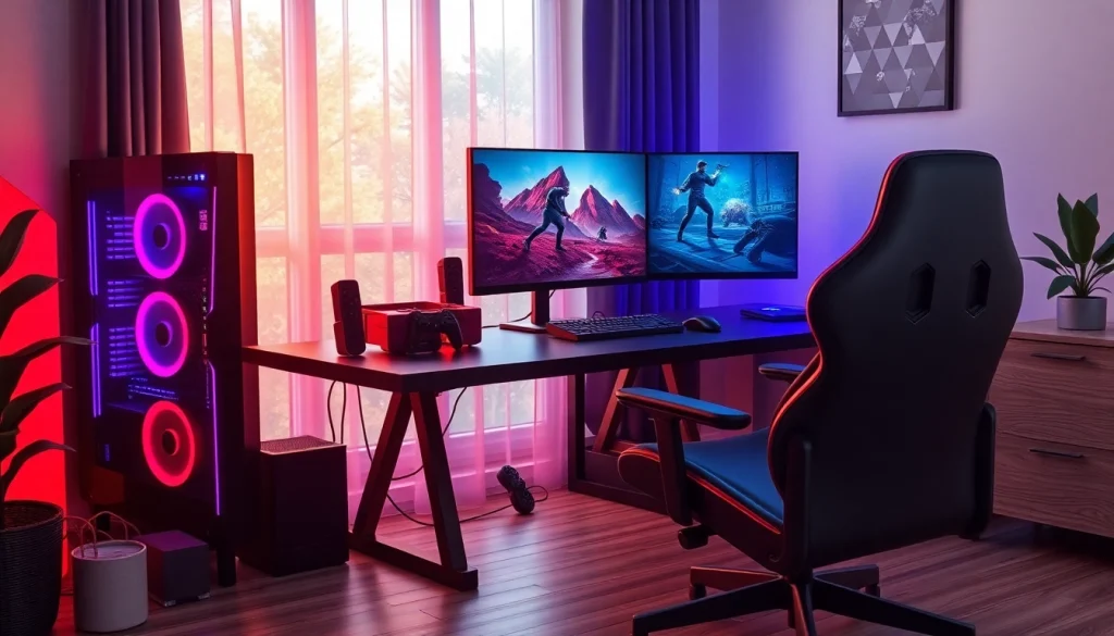 Zeige das ultimative Setup zum Verkauf eines Gaming-PCs, mit einem schlanken Gaming-PC mit LED-Beleuchtung, einem hochauflösenden Monitor und Gaming-Zubehör.