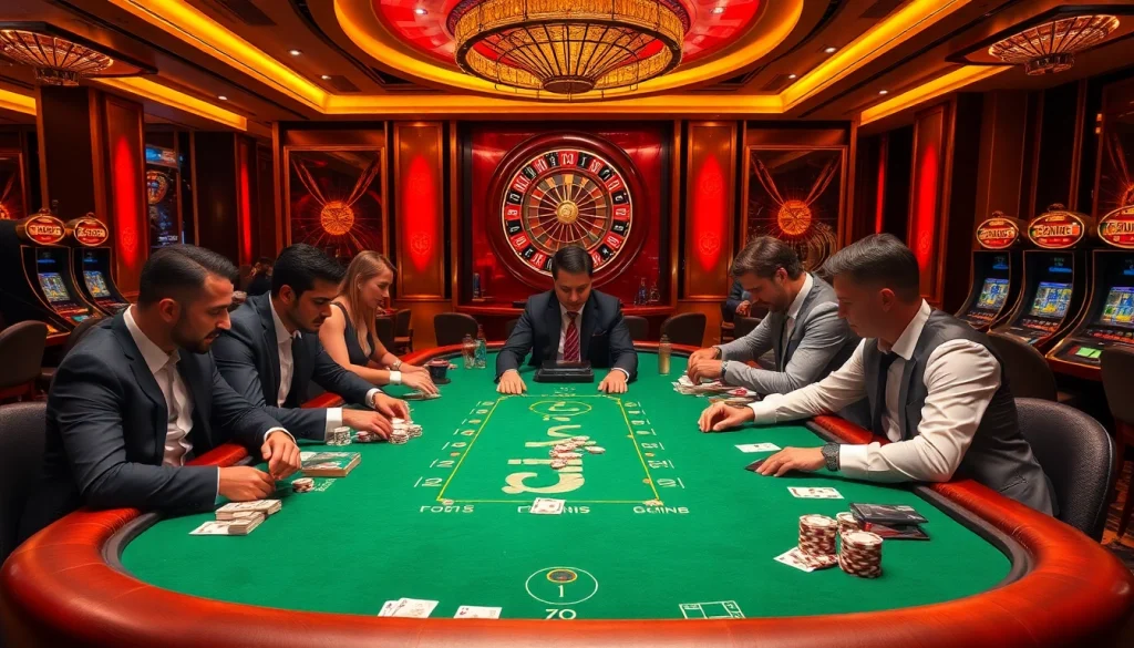 B52 club showcases an exciting casino scene with gamblers at poker tables, enhancing high-stakes excitement.