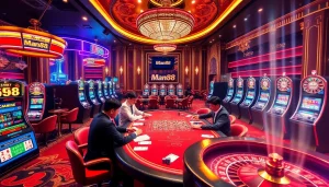 Experience the thrill of gambling at Man88 with lively poker games and vibrant casino decor.