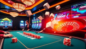 Engage in thrilling gameplay at 789bet with vibrant casino elements like poker chips and roulette wheels.