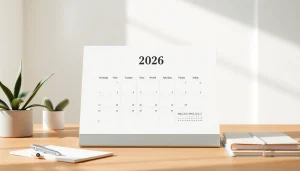 2026 calendar displayed on a modern desk in a stylish office setting, perfect for planning and organization.