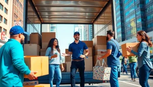 Residential Movers efficiently packing a truck in a bustling urban setting.