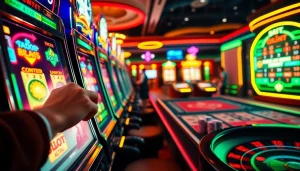 Player enjoying a thrilling slot experience in a vibrant casino environment with bright lights.