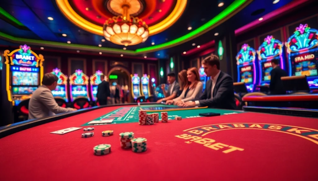 BRABET gaming table action with vibrant chips and cards in a luxurious casino setting.