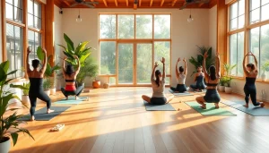 自然光が差し込む温かく居心地の良いスタジオで、さまざまな人がヨガを練習している場面。ホットヨガ おすすめ