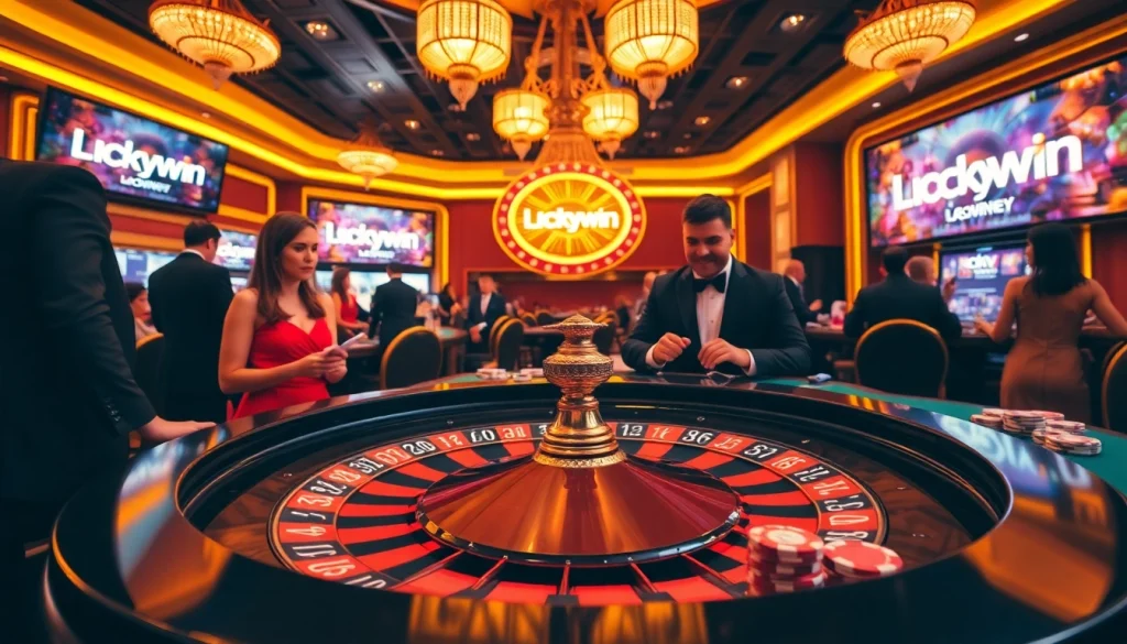Experience the thrill of winning at Luckywin's luxurious casino with vibrant roulette tables and elegant players.
