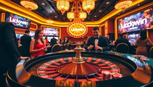 Experience the thrill of winning at Luckywin's luxurious casino with vibrant roulette tables and elegant players.