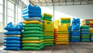 Woven polypropylene bags displayed in a bright warehouse, emphasizing organization and quality.